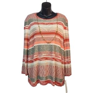 Alfred Dunner Womens 3/4 Sleeve Striped Removable Necklace Boho Sweater Sz L NWT